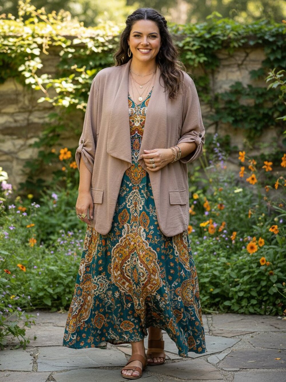 Love Maven 3XL Kimono‎ Jacket Tan Beige Open Draped Roll Tab Sleeve Boho Office